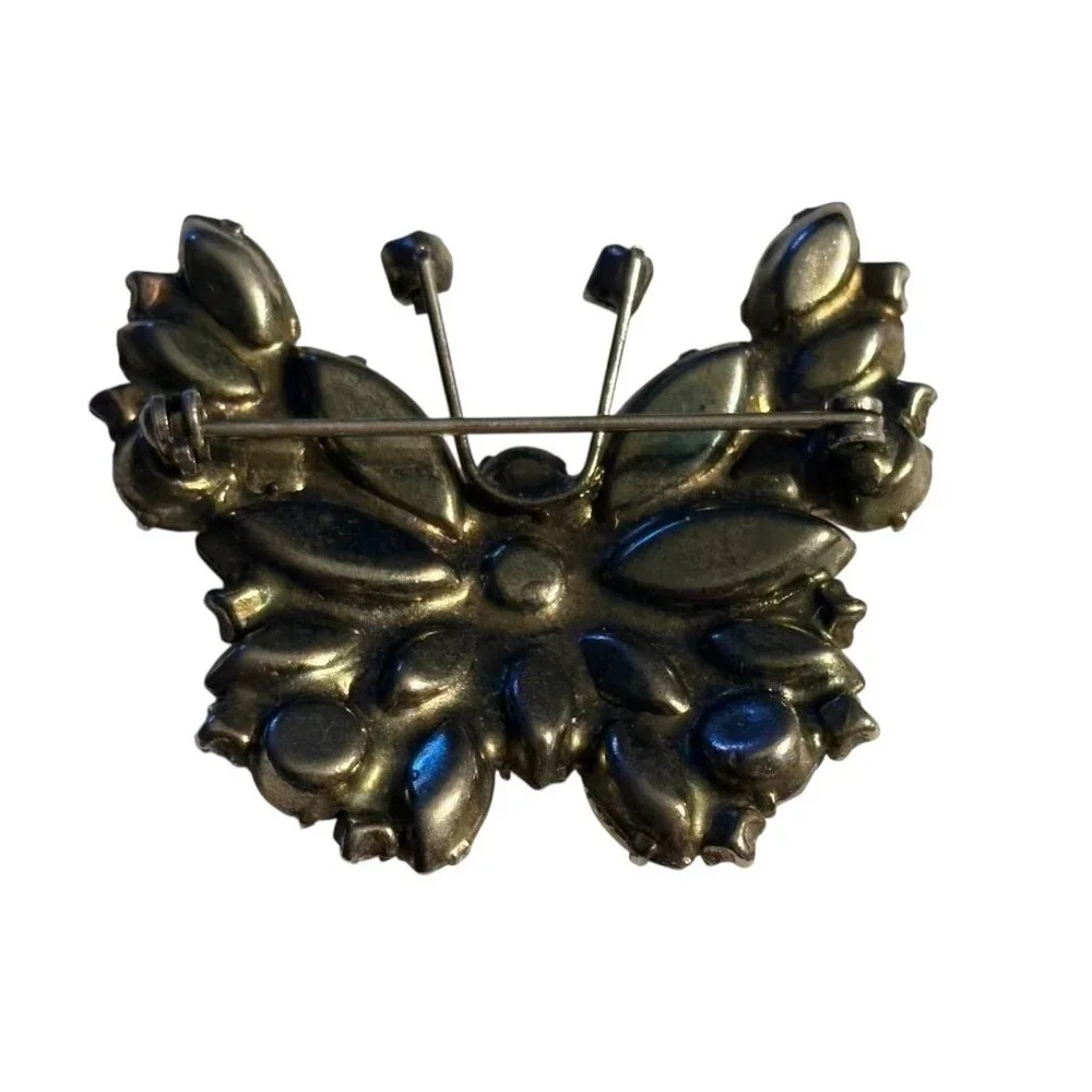 Butterfly Rhinestone Brooch Pin VTG‎ Black & Clear Rhinestones Silver Tone Retro